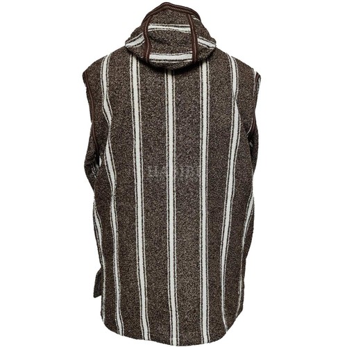 Unisex Moroccan Hooded Wool Blend Winter Baja Jerga Jacket Brown/White Striped - Picture 5 of 5