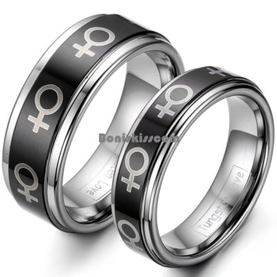 Black Ceramic Laser Etched Love Symbol Design Tungsten Carbide Ring Wedding Band