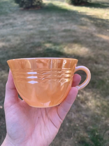 Fire King Peach Lusterware Three Band Pattern Tea Cup Set of 4 Beautiful Vintage