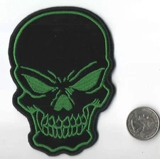 Green & Black Evil Skull Iron On Sew On Embroidered Patch 3 " X 4 1/4 "