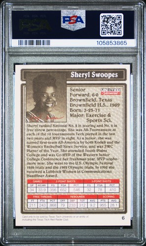 1992-93 Texas Tech Lady Raiders Sheryl Swoopes Rookie #6 PSA 7 - HOF RC - Picture 2 of 2