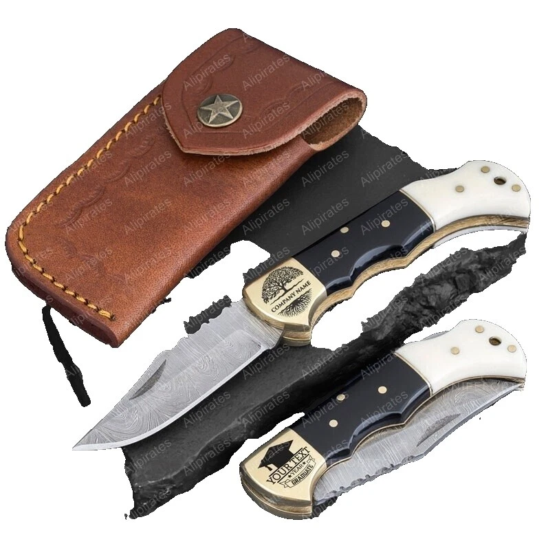 Damascus Steel Blade White Wood Handle Collectible Folding Knives