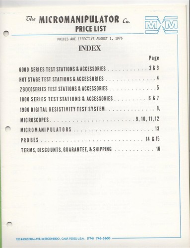 The Micromanipulator Co. MM Price List ~ Prices Effective August 1, 1976 - Picture 2 of 3