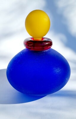 Franco Moretti Glas Flakon Blau gelb rot  80s signiert scavo Murano Glas Parfum 