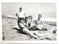 Vintage Found Photo Art Nouveau Beach Group 3 Men 2 Women Bathing Suits Sunny