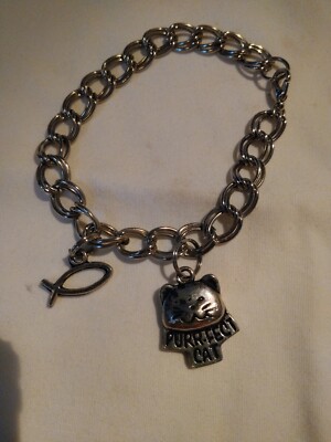 Silvertone Double Chain Bracelet With Cat And Fish Charm