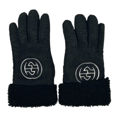 GUCCI Vintage GG Interlocking Logo Gloves #7.5 Black Silver