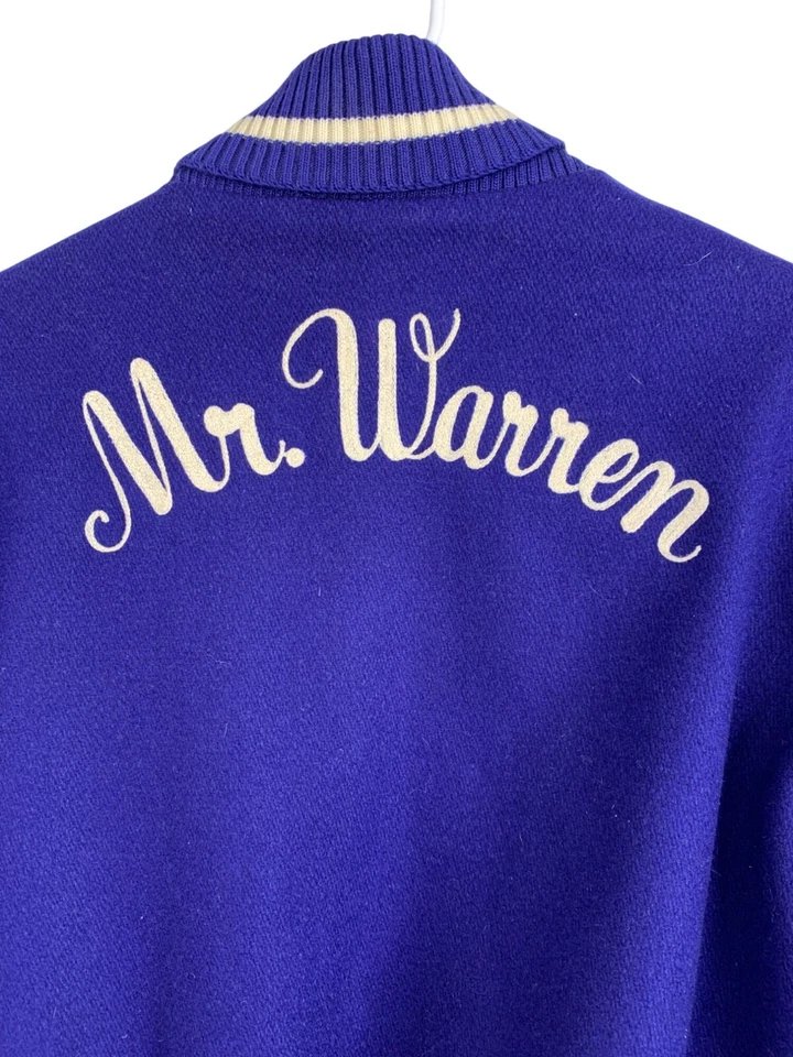Chaqueta Letterman Universitaria DeLONG De Colección Años 90 Para Hombre Mr Warren Lana Cuero M/L Azul Foto 3 de 4