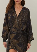 FARM RIO Womens Golden Foliage Puffy Sleeve Wrap Mini Dress Black NWT $298 Sz L