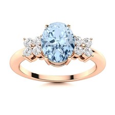 March Oval Aquamarine Gemstone Sterling Silver Solitaire with Accents Ring