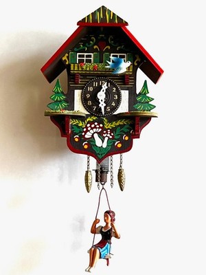 Vtg WORKING WEST GERMANY SWISS CHALET STYLE CUCKOO CLOCK GIRL & SWING WITH KEY