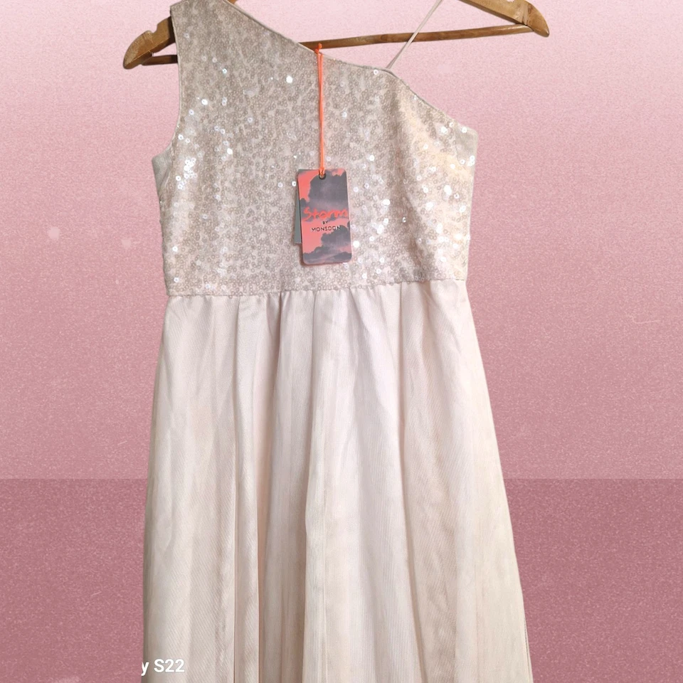 Monsoon Girls Party Dress -  One-Shoulder- Sequin detail-Champagne- 11 Yrs- BNWT - Image 4 of 4