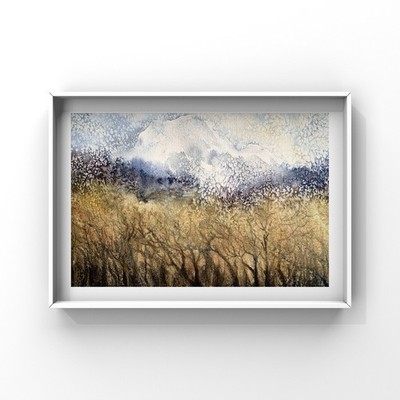 Unikat, Aquarell Gemälde mit Gold , Bergen Landschaft, Wald, 45x61 cm