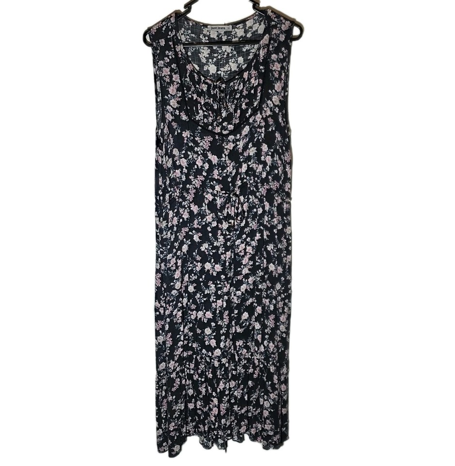 JUST JEANS Black Floral Tiered A-Line Belted Maxi Dress Pockets Size 14 Country