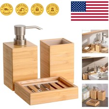 Natural Bamboo 3-Piece Bathroom Accessories Set - Soap Dispenser  Holder