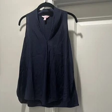Lilly Pulitzer 100% Silk Sleeveless V-Neck Blouse XS | Navy Blue Luxe Top