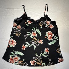 Black Floral Print Satin Tank Top w/ Lace Detail Lingerie Style Y2K Whimsy Goth