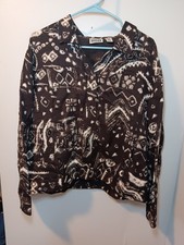 Chicos Jacket Blazer Linen Blend Brown Tan Tribal Aztec Print Size 3 Excellent
