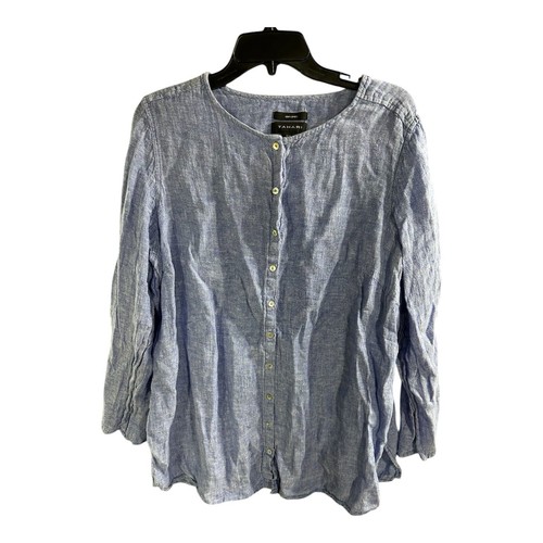 Tahari Button Up Top Tunic Blouse Shirt Women Size 1X Blue 100% Linen Cottage