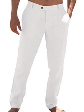 Mens Casual Pants Elastic Waist Linen Lightweight StraightLegs Loose Fit