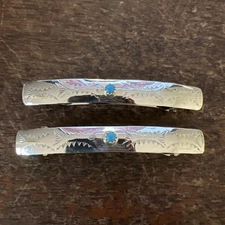 Navajo Indian Stamped Pair 2 3/4 Hair Clip Turquoise Barrette Native American D