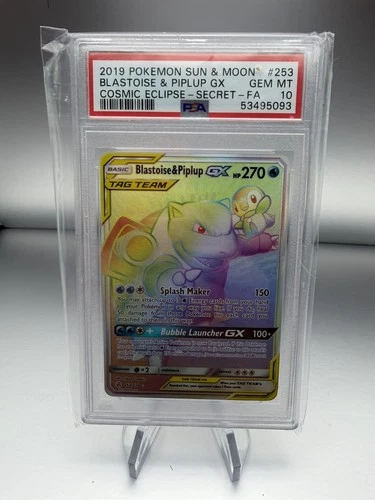 PSA 10 BLASTOISE & PIPLUP GX 253 COSMIC ECLIPSE RAINBOW RARE SUN & MOON POKEMON