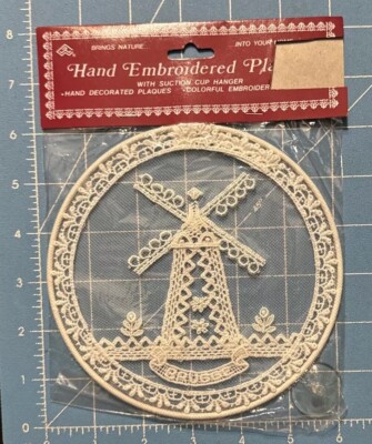 Hand Embroidered Plaques - Windmill Brugge Suction Cup Hanger Window Vintage