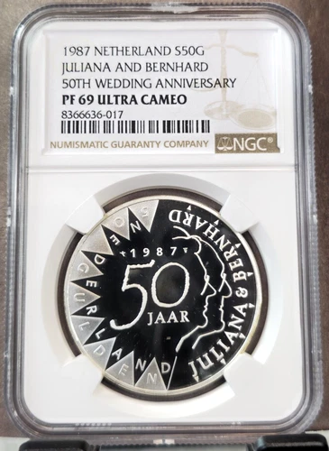 1987 NETHERLANDS SILVER 50 GULDEN JULIANA & BERNHARD NGC PF 69 ULTRA CAMEO