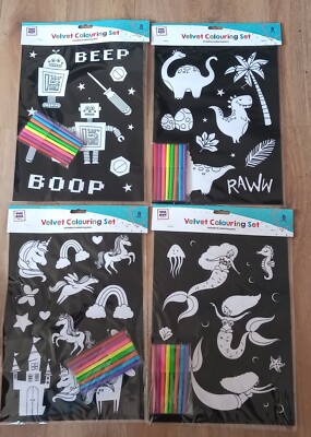 Filz Kunst Bilder x 4 Samt Farbgebung + Filzstifte 28x38cm Dinosaurier Einhorn