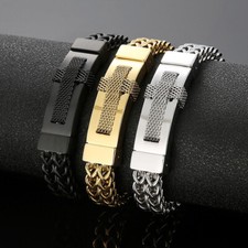 8.66" Heavy 316L Stainless Steel Meshed Franco Chain Cross Men's Bracelet 12mm