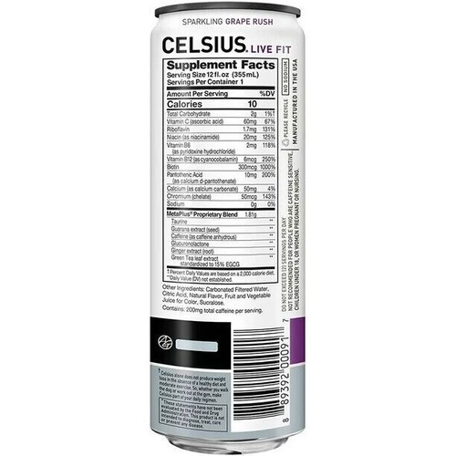 CELSIUS Sparkling Grape Rush, Functional Essential Energy Drink 12 Fl Oz 12 Pack - Picture 4 of 4
