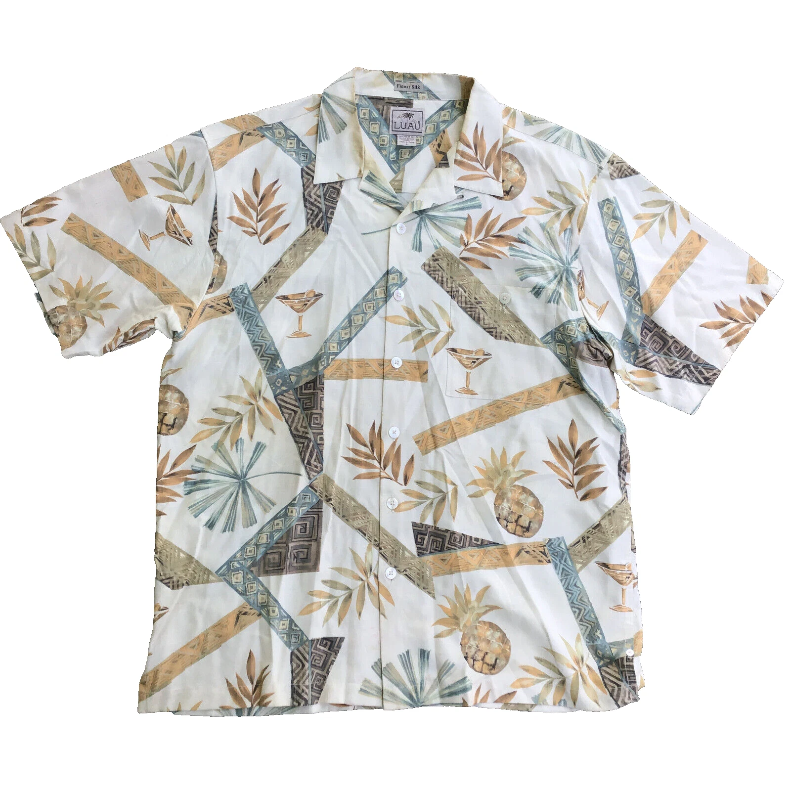 Luau Men Large 100% Finest Silk Beige Short Sleeve Button Up Hawaiian Shirt