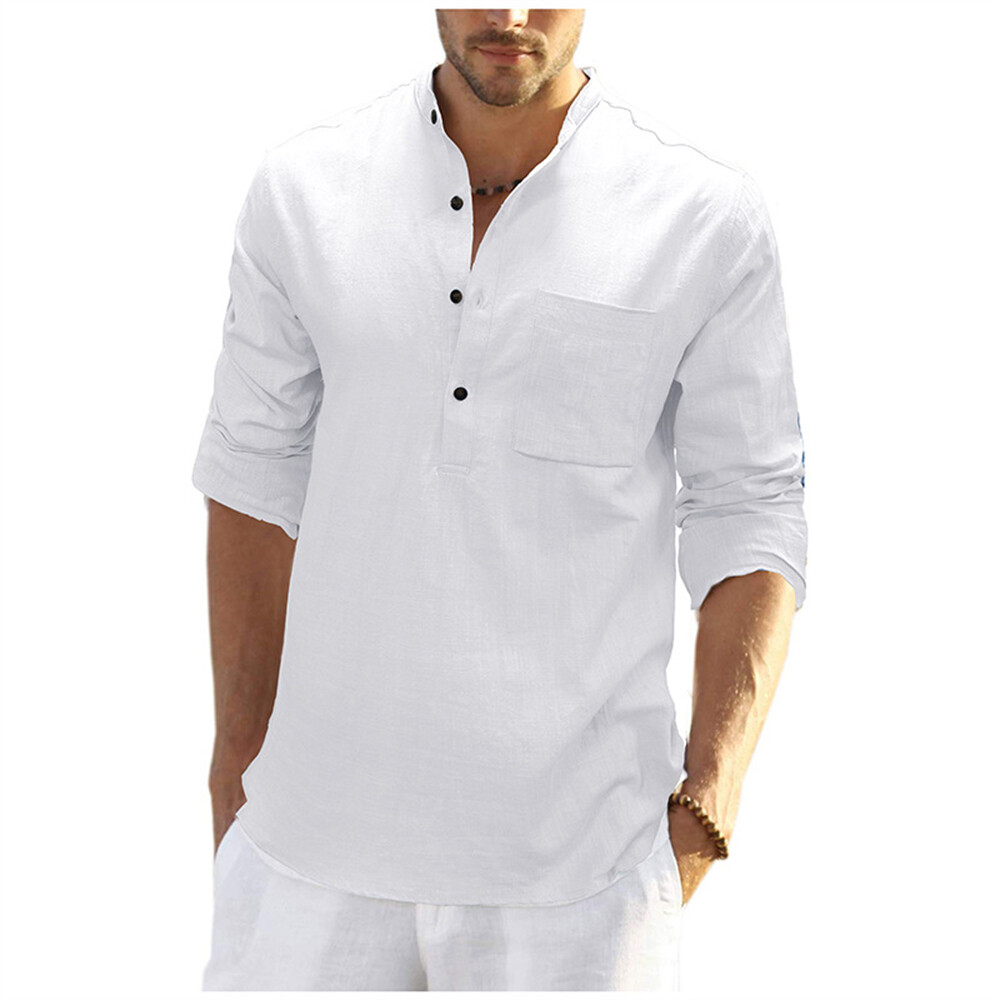 Mens Linen Henley Shirt Casual Shirts Long Sleeve Button Tops - Main Image
