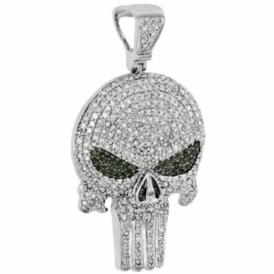 10K White Gold Plated White Black Diamond Lab Created Skull