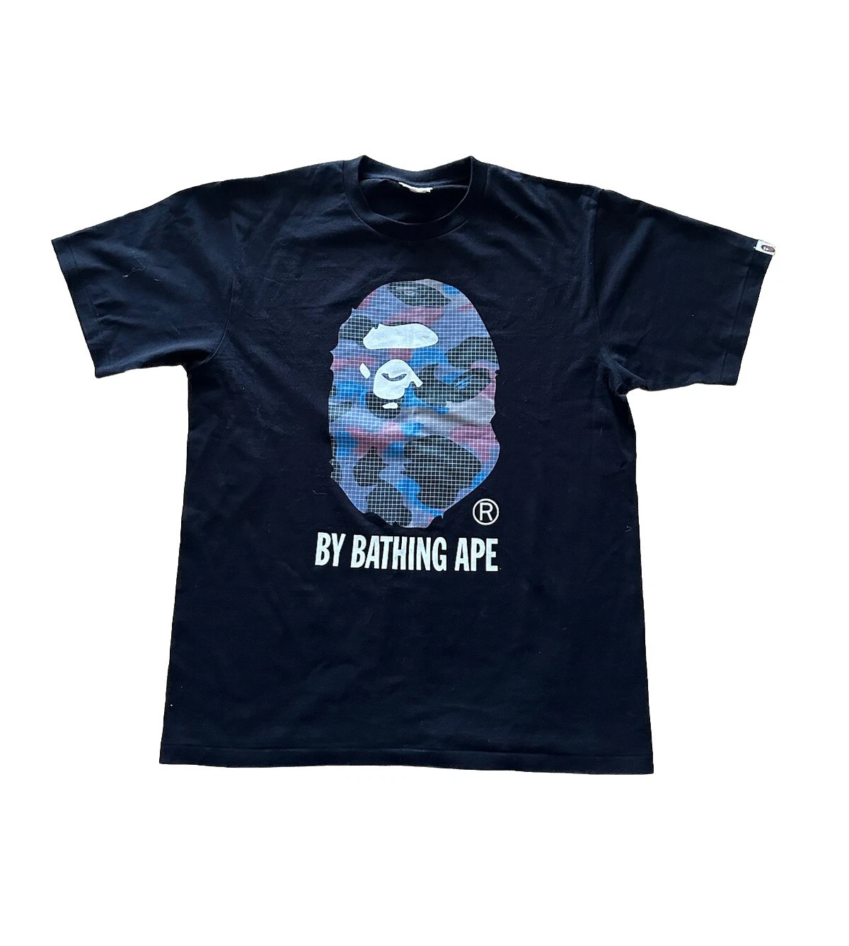A Bathing Ape BAPE Camo Grid Big Ape Logo Head Tee Size Large Black Blue Purp