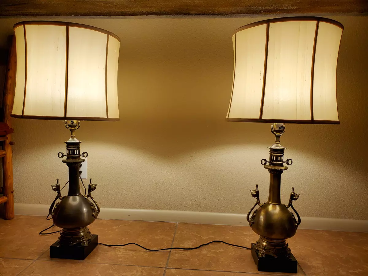 Antique French Brass Lamps Silk Shades Pair 500