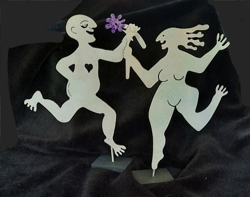 Vintage SIGNIERT Original frühe Judi Bomberger Metall Skulpturen Frieda 1997 Dubow 1998