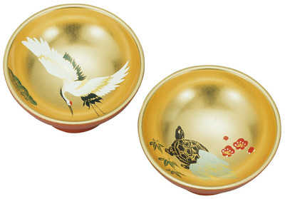 Japanese sake cup Yamanaka Lacquerware Pair of Sake Cups - Crane and Turtle