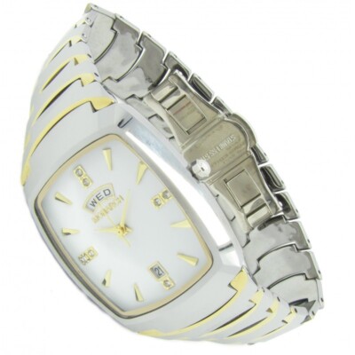 MONARCH Luxus Armbanduhr Tungsten Wolfram Karbid Datum Tag Gold Weiß 3ATM Selten