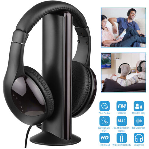 5 in 1 Wireless Cordless Headphones Headset with Mic for PC/TV/Radio Black M6V8 - Picture 1 of 12
