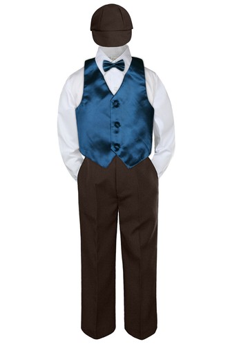 5 piezas Niño Bebé Niño Pequeño Color Moño Chaleco Traje Formal MARRÓN Pantalones y Sombrero S-7 - Imagen 11 de 25