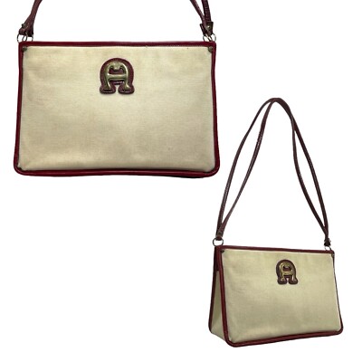 Vintage 60s 70s ETIENNE AIGNER Handmade Linen Leather Shoulder Bag Handbag RED