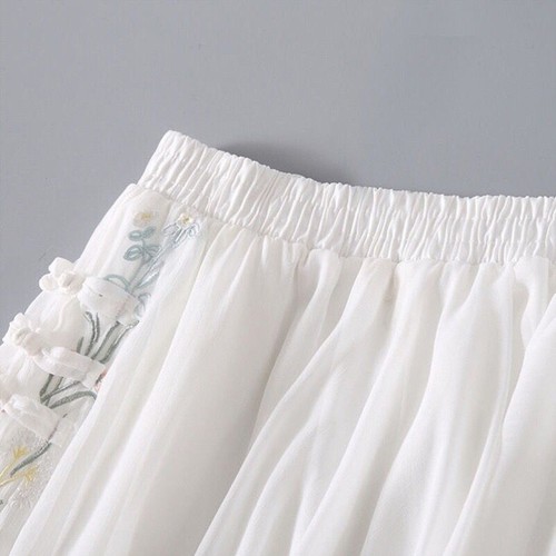 Women Ethnic Midi Skirt Chiffon Floral Embroidery Elastic Waist Button Loose - Bild 7 von 11