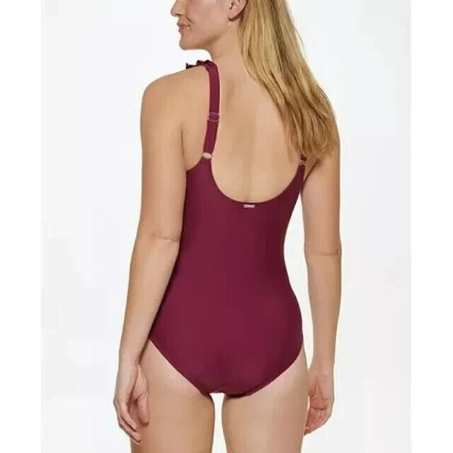 DKNY Ruffle Plunge Underwire Tummy Control 单件泳装,4 码 — 第 2/3 张图片