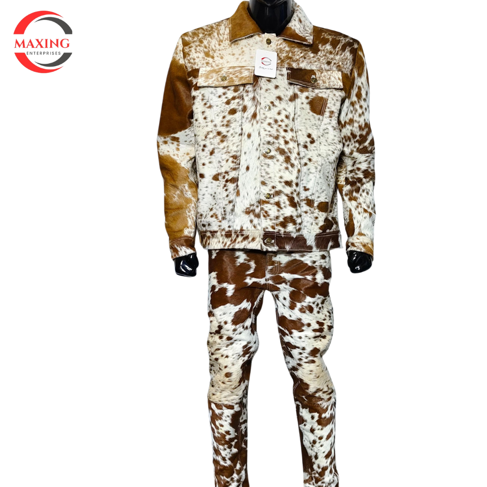 PONY Set giacca western uomo vera pelle di mucca pantaloni e capelli pelle di cavallo marrone