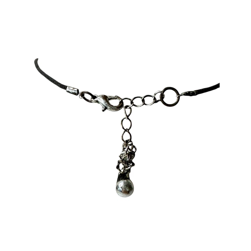 Silver Tone Clover Flower Pendant Necklace Leather Cord Choker Y2K Grunge Goth - Image 3 of 4