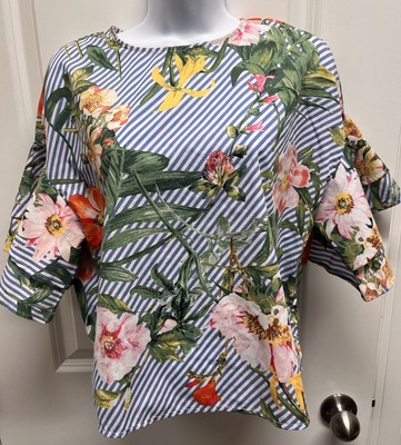 Bleuh Ciel Women's Small Blue Stripe Floral 65% Polyester 35% Cotton Ruffle Top