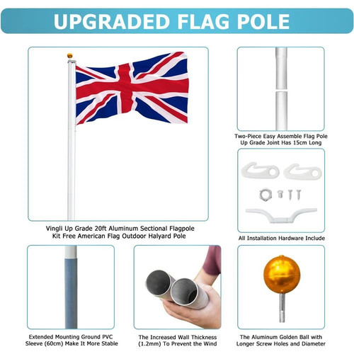 20FT Aluminium Sectional Flagpole Kit Telescopic Flag Pole + Flag Outdoor Garden - Picture 5 of 10
