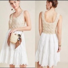 Anthropologie Beckett Crochet Dress Sz S Eyelet Tiered Tan White Lined Cotton
