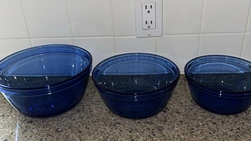 Anchor Hocking Cobalt Blue Glass Mixing Bowls Set Of 3 Nesting 2.5, 1.5, 1 Qt.